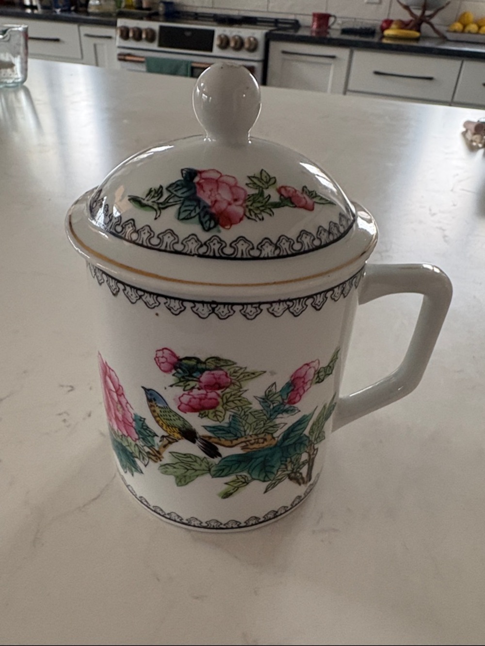 Vintage Chinese floral/bird mug with cover